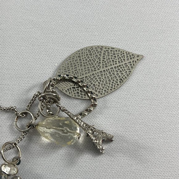 Etc! Necklace Silver Tone Dangle Charms Owl Leaf Heart Eiffel Tower Rhinestones - Picture 8 of 12